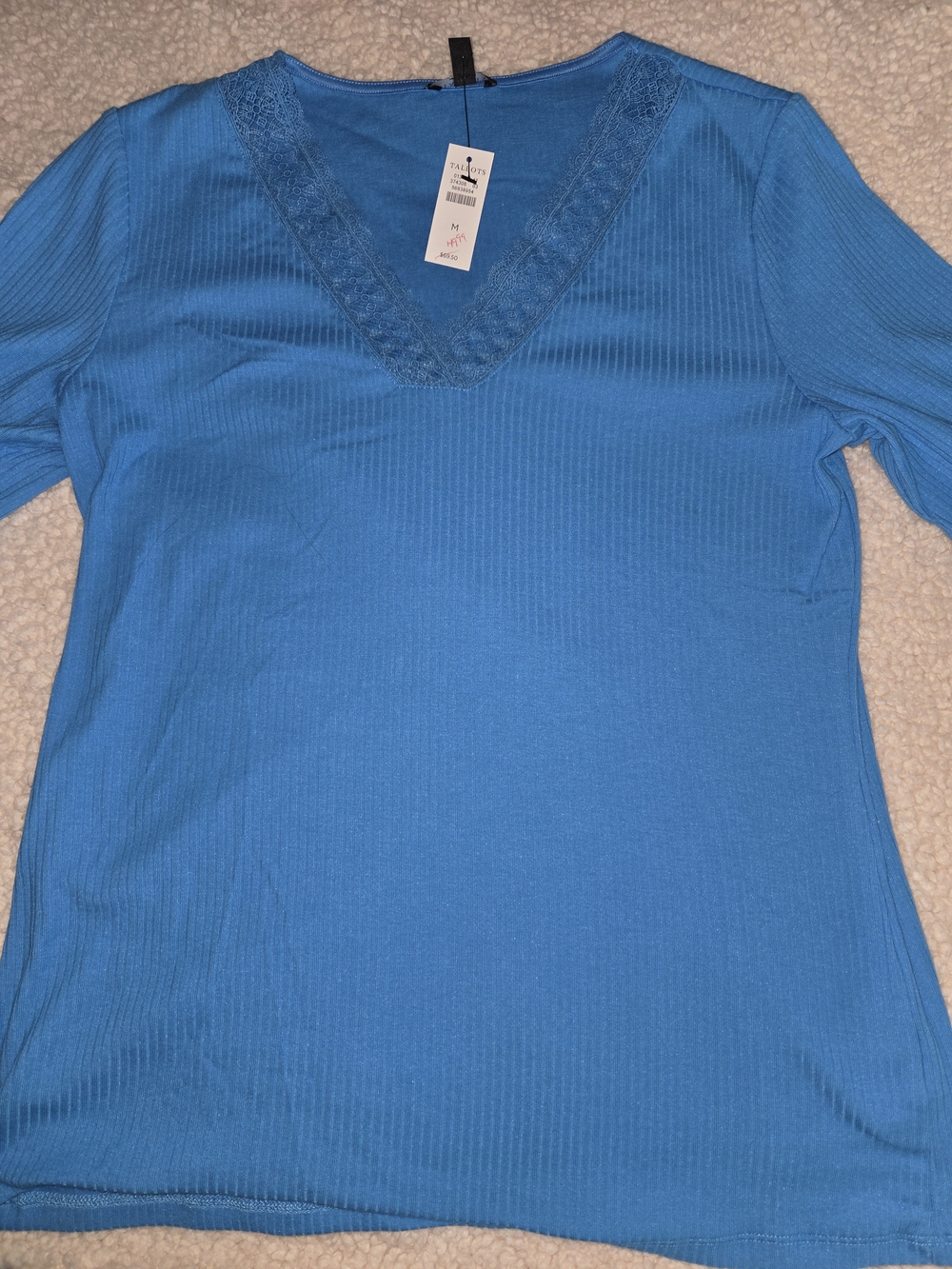 Talbots Cobalt Blue V-Neck Lace Trim Ribbed Top